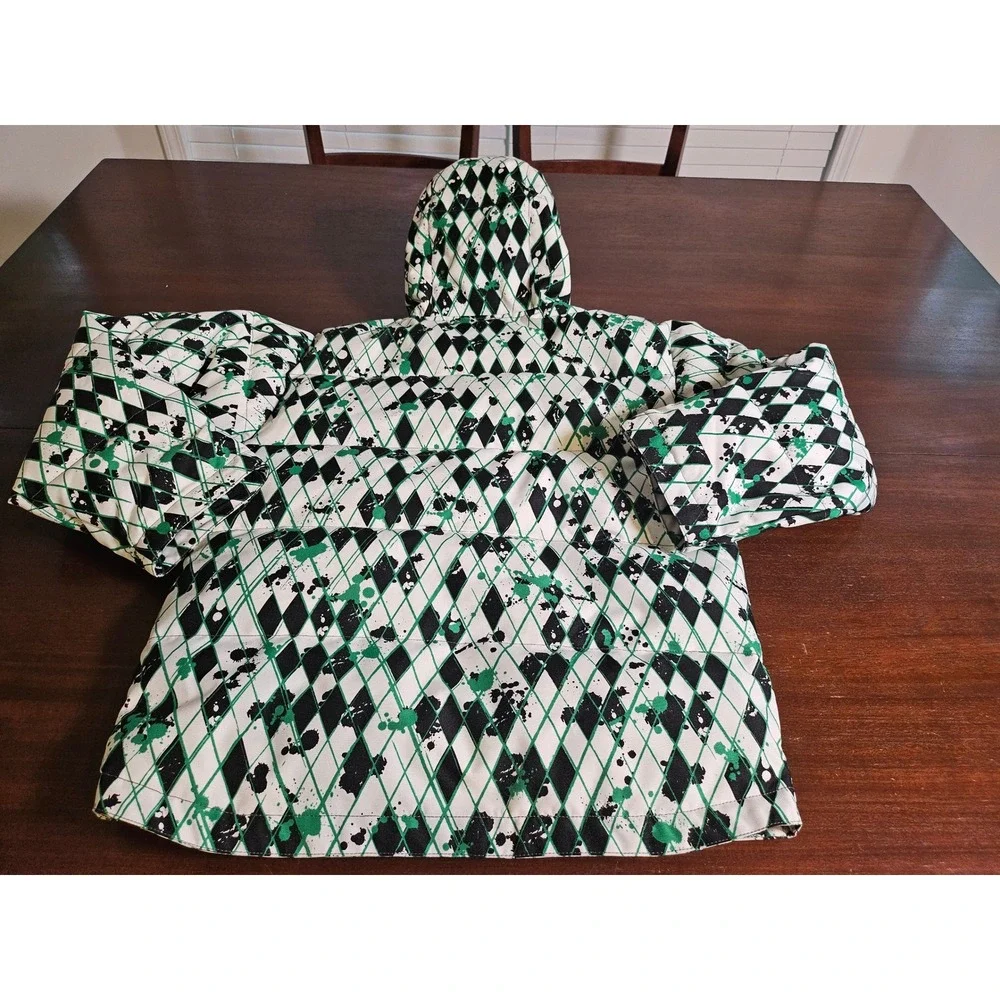 CastleX Snow Jacket Girl M Green White Black Argyle Splatter Hooded Puffer
